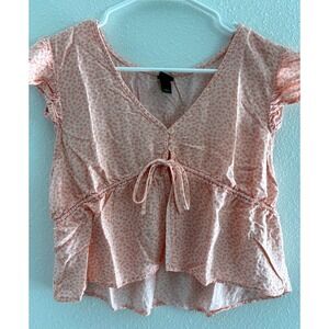 Wide Fable Top Womens Large Pink‎ Cropped Tie Floral Boho Prairie Festival